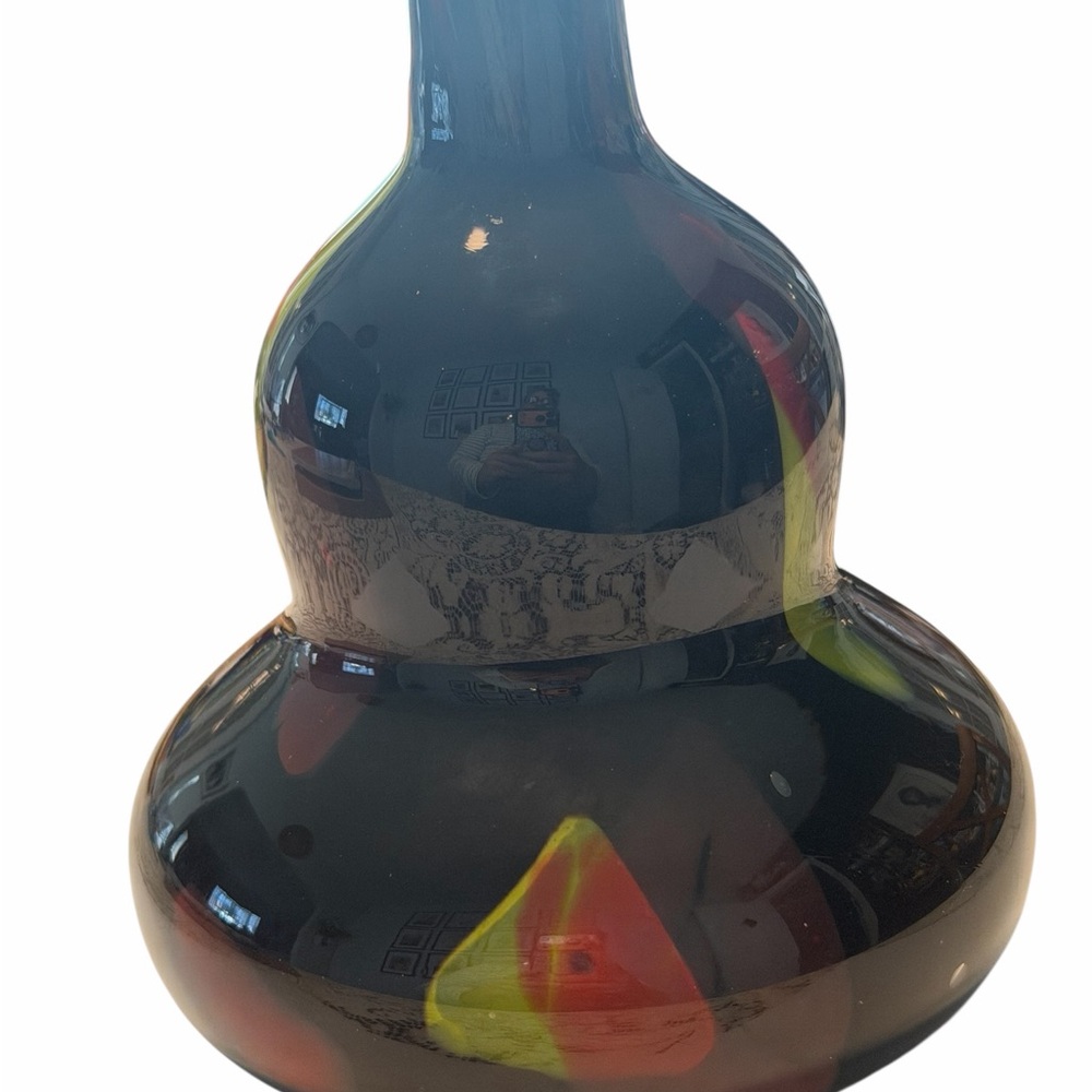 Vintage Black Art Glass Vase Double Gourd Red Yellow Swirl Hand Blown 6.75"
